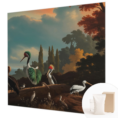 Fotomural decorativo para cabecero de cama con un motivo de pájaros pintorescos