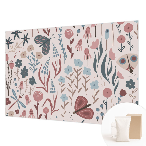 Papel mural texturado decorativo con diseño de flores y pequeños insectos