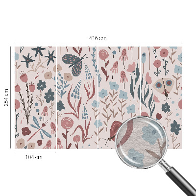 Papel mural texturado decorativo con diseño de flores y pequeños insectos