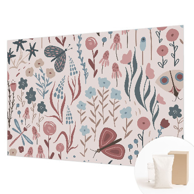 Papel mural texturado decorativo con diseño de flores y pequeños insectos