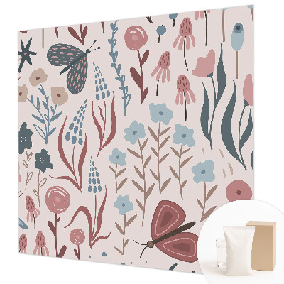 Papel mural texturado decorativo con diseño de flores y pequeños insectos