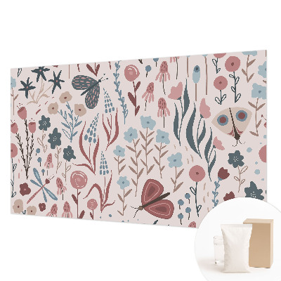 Papel mural texturado decorativo con diseño de flores y pequeños insectos