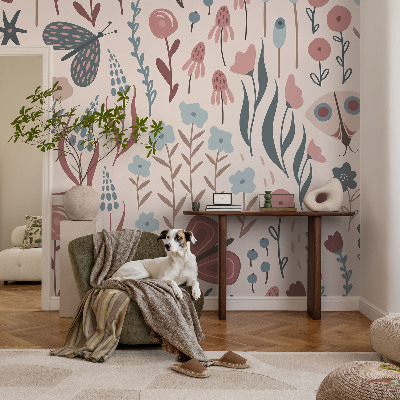 Papel mural texturado decorativo con diseño de flores y pequeños insectos