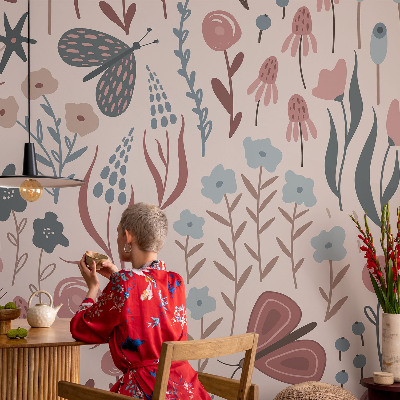 Papel mural texturado decorativo con diseño de flores y pequeños insectos