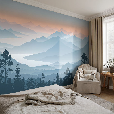 Papel mural con patrón decorativo con diseño de panorama de montaña