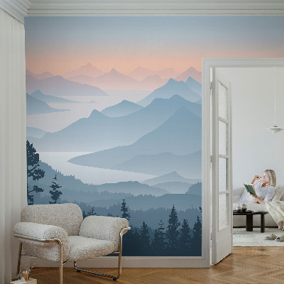 Papel mural con patrón decorativo con diseño de panorama de montaña