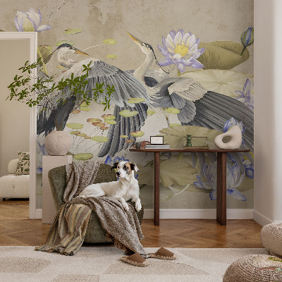 Mural decorativo con motivo de pájaros y lirios