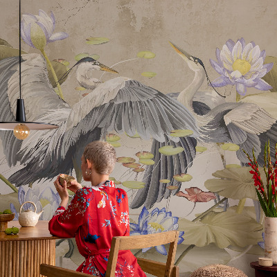 Mural decorativo con motivo de pájaros y lirios
