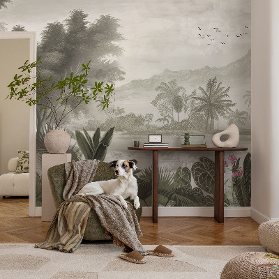 Fotomural decorativo para cabecero de cama con diseño de oasis tropical
