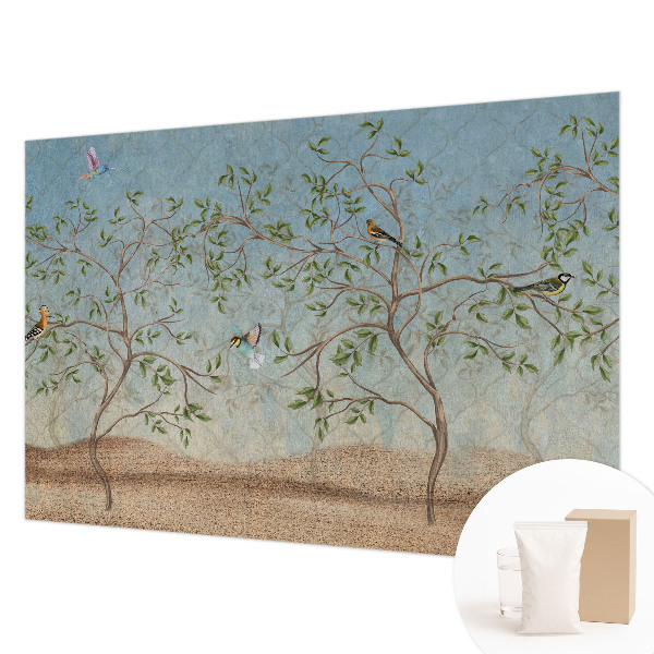 Papel mural texturado decorativo con diseño de pájaros entre los árboles