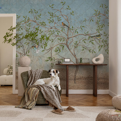 Papel mural texturado decorativo con diseño de pájaros entre los árboles