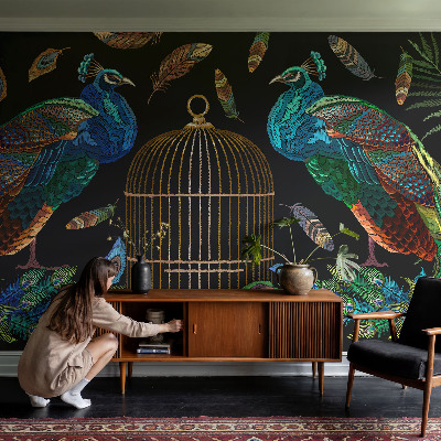 Papel mural con patrón decorativo con imagen de pavo real