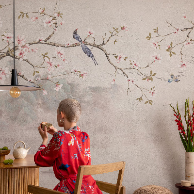 Papel mural con patrón decorativo con un paisaje oriental