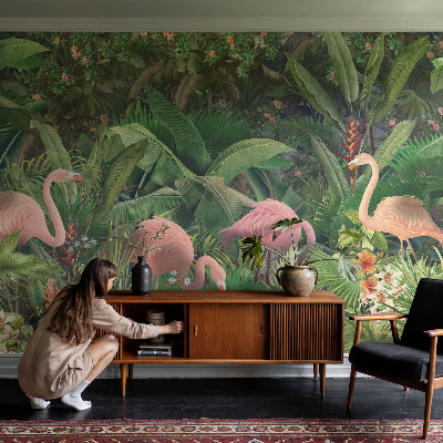 Papel mural texturado decorativo con diseño de flamencos rosas