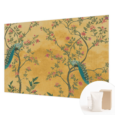 Fotomural decorativo para cabecero de cama con diseño de árboles y pavos reales