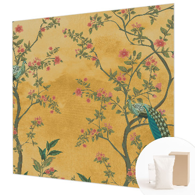 Fotomural decorativo para cabecero de cama con diseño de árboles y pavos reales