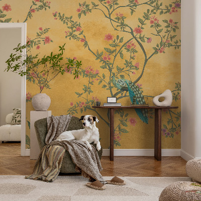 Fotomural decorativo para cabecero de cama con diseño de árboles y pavos reales