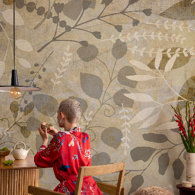 Papel mural con patrón decorativo con motivo de hojas y ramitas