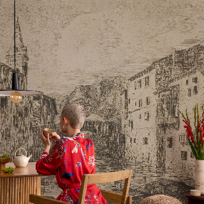 Papel mural con patrón decorativo con motivo de panorama de la ciudad