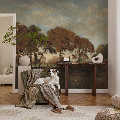 Papel mural texturado decorativo con un paisaje idílico como motivo
