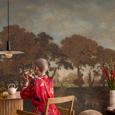 Papel mural texturado decorativo con un paisaje idílico como motivo