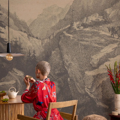 Papel mural con patrón decorativo con un motivo de montañas pintorescas