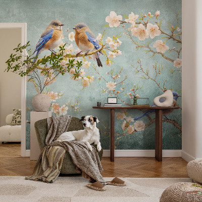 Mural decorativo con diseño de aves de primavera
