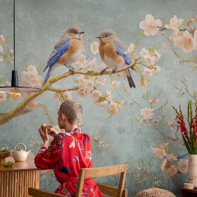 Mural decorativo con diseño de aves de primavera