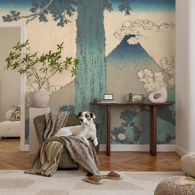 Papel mural con patrón decorativo con un paisaje de montaña