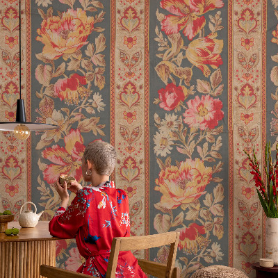 Papel mural texturado decorativo con estampado de flores coloridas