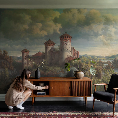 Papel mural con patrón decorativo con un paisaje romántico