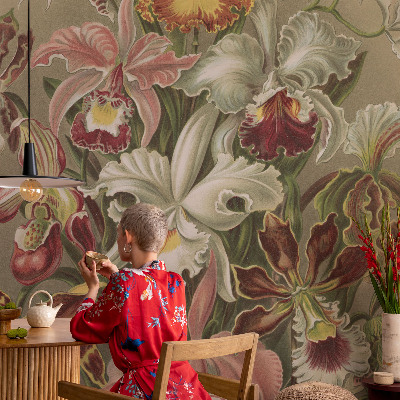 Fotomural decorativo para cabecero de cama con un motivo de elegancia floral para dormitorio