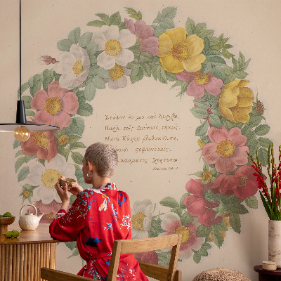 Papel mural texturado decorativo con motivo de corona floral