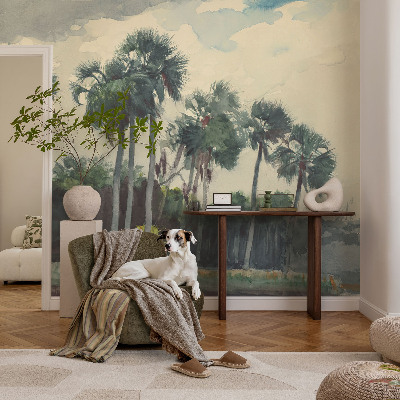 Papel mural texturado decorativo con estampado de palmeras exóticas