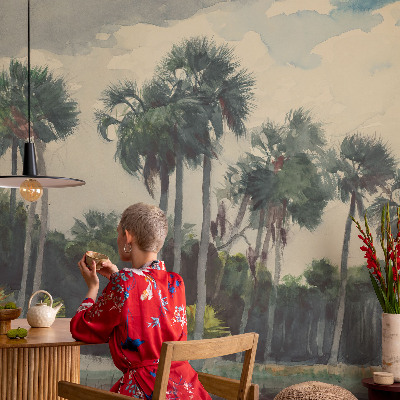 Papel mural texturado decorativo con estampado de palmeras exóticas