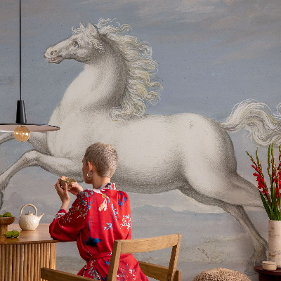 Fotomural decorativo para cabecero de cama con diseño de caballos en pleno salto
