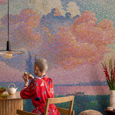 Papel mural con patrón decorativo con un paisaje colorido