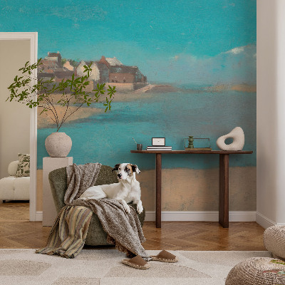 Mural decorativo con ilustración de un pueblo tranquilo
