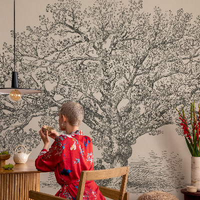 Papel mural con patrón decorativo con una ilustración de un árbol