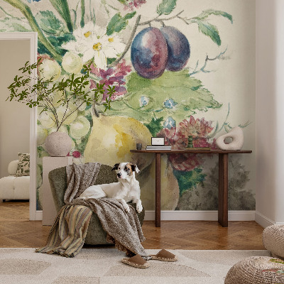 Mural decorativo con diseño de flores y frutas