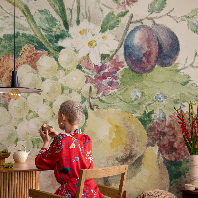 Mural decorativo con diseño de flores y frutas