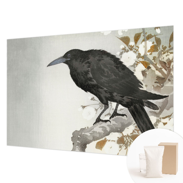 Fotomural decorativo para cabecero de cama con un diseño de cuervo entre flores