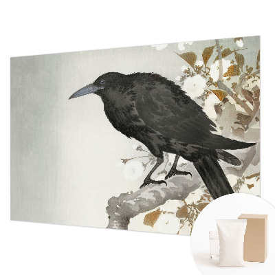 Fotomural decorativo para cabecero de cama con un diseño de cuervo entre flores