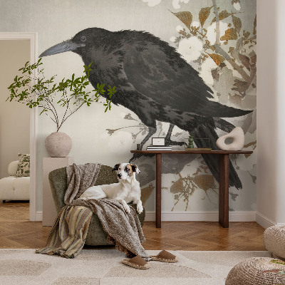 Fotomural decorativo para cabecero de cama con un diseño de cuervo entre flores