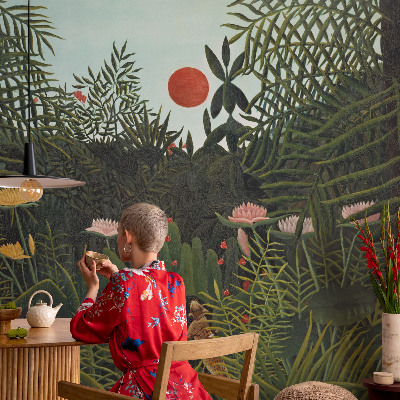 Papel mural con patrón decorativo con un paisaje exótico