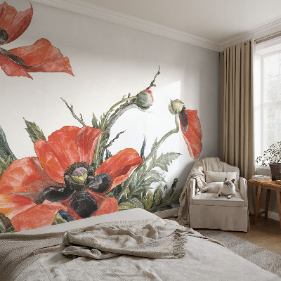 Fotomural decorativo para cabecero de cama con diseño de amapolas rojas