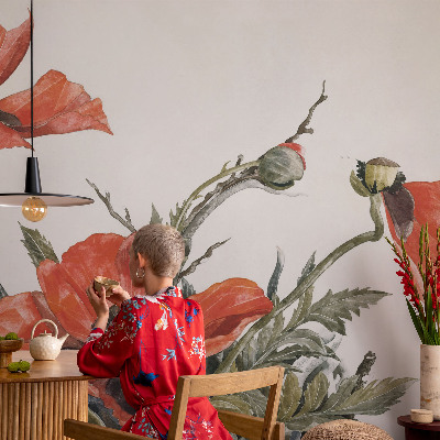 Fotomural decorativo para cabecero de cama con diseño de amapolas rojas
