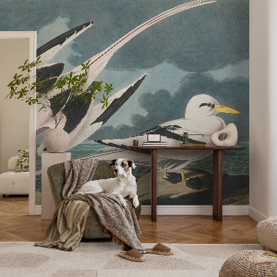 Papel mural con patrón decorativo con un motivo de pájaros junto al mar