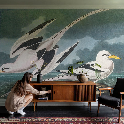 Papel mural con patrón decorativo con un motivo de pájaros junto al mar