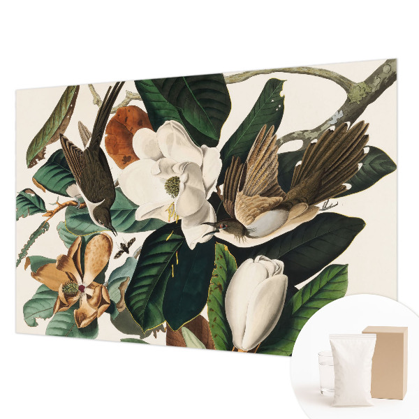 Papel mural texturado decorativo con un motivo de magnolias y pájaros